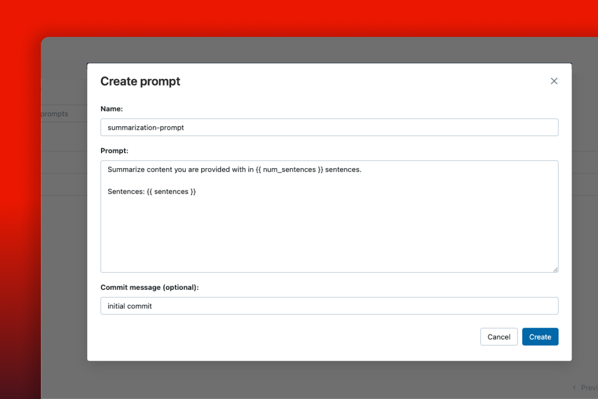 MLflow Prompt Registry create prompt dialog showing name, template, and commit message fields