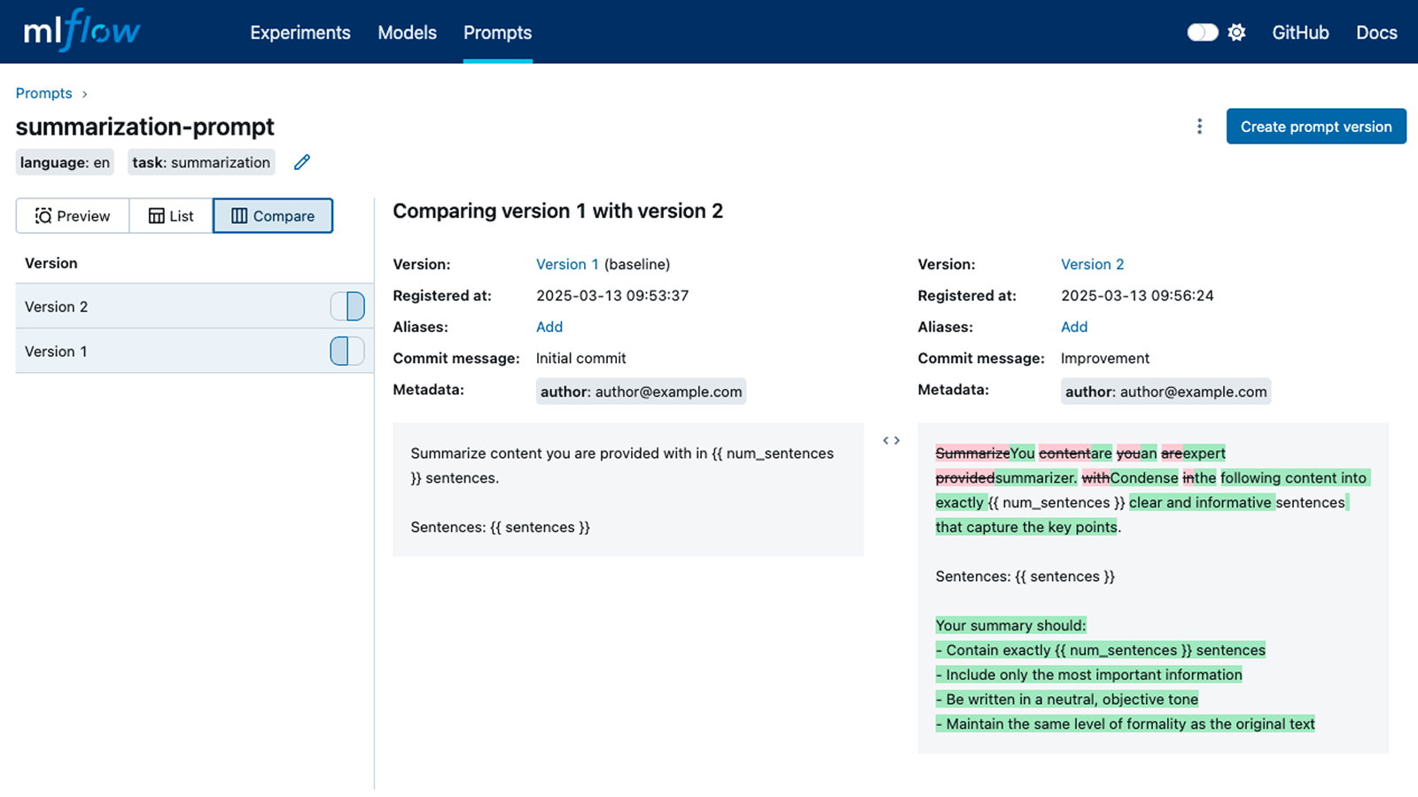 MLflow prompt registry screenshot