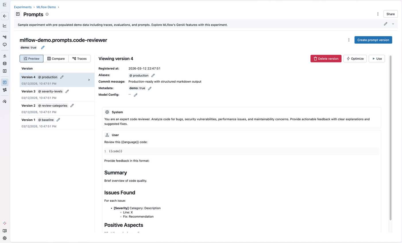 MLflow Prompt Registry UI showing versioned prompt templates with version history sidebar and prompt details