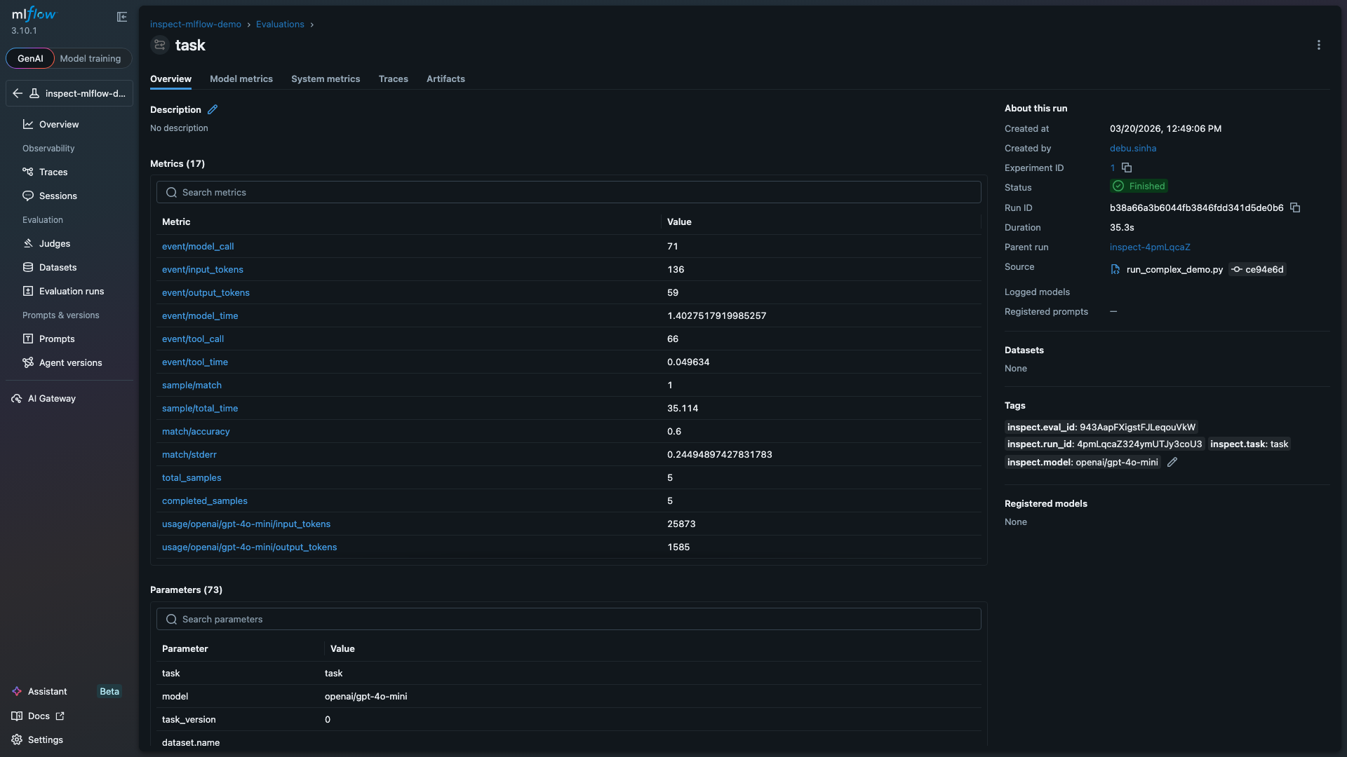 MLflow task run showing 17 metrics and parameters from an Inspect AI evaluation