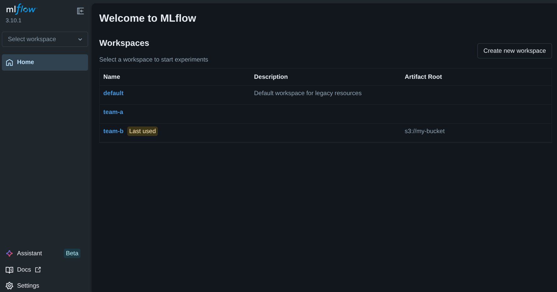 MLflow UI showing the workspace selector and workspace list