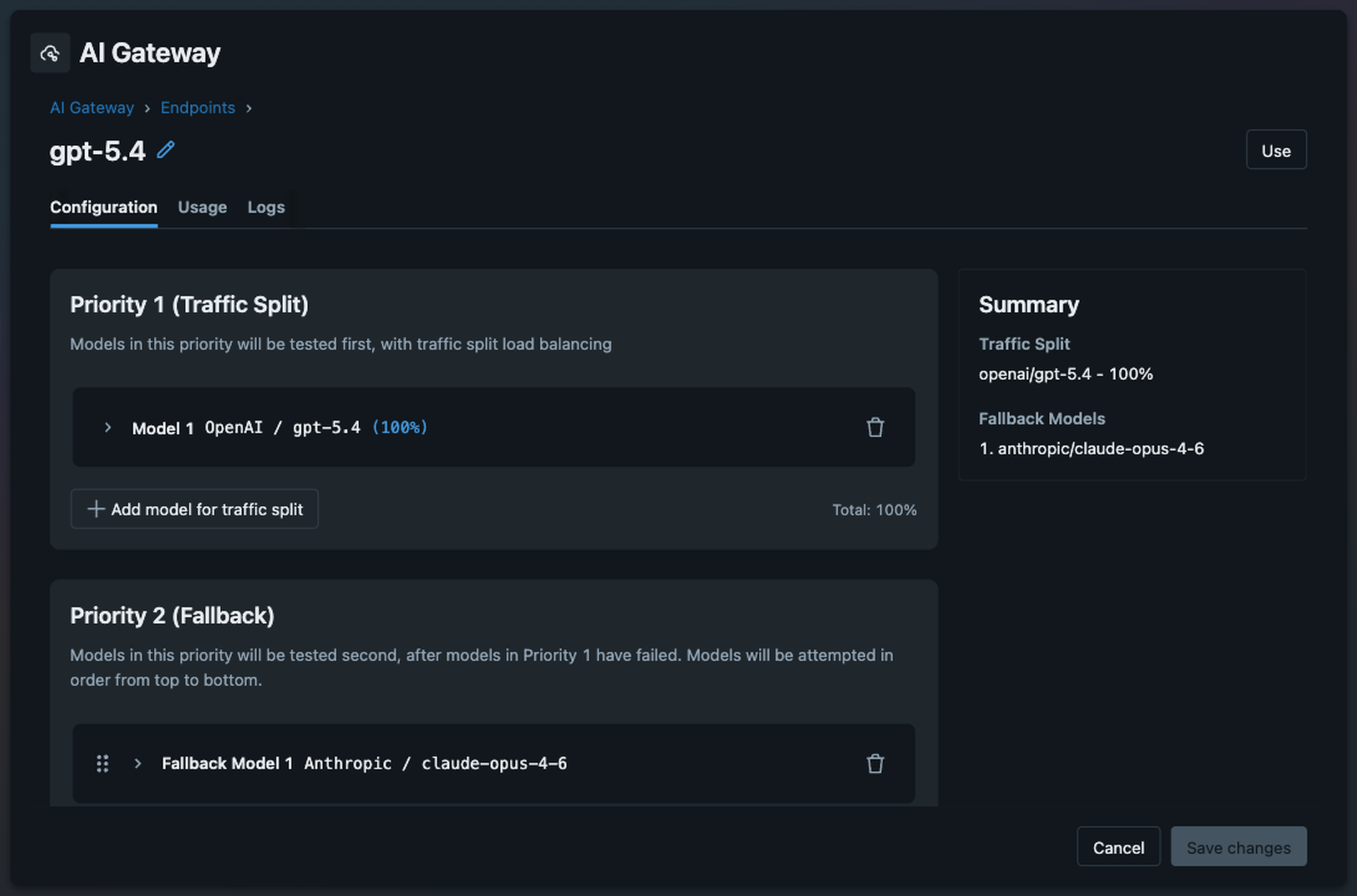 MLflow AI Gateway endpoint configuration showing traffic splitting and automatic fallback routing between model providers